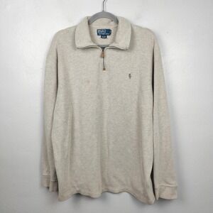 Vintage Polo by Ralph Lauren 1/4 Zip Sweater Mens XL Preppy‎ Beige Cotton FLAWED